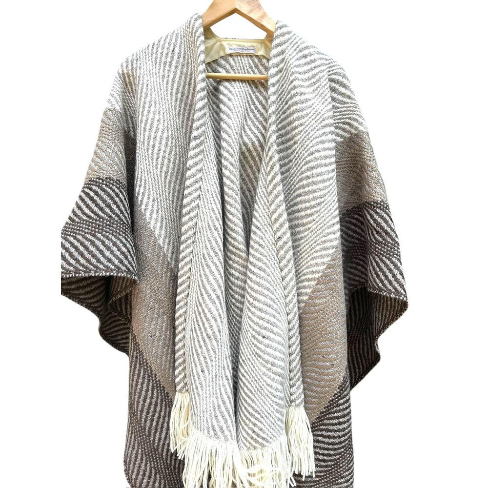 Churchill Handwoven Wool Fringe Wrap Poncho Shawl | Brown Grey *EUC*